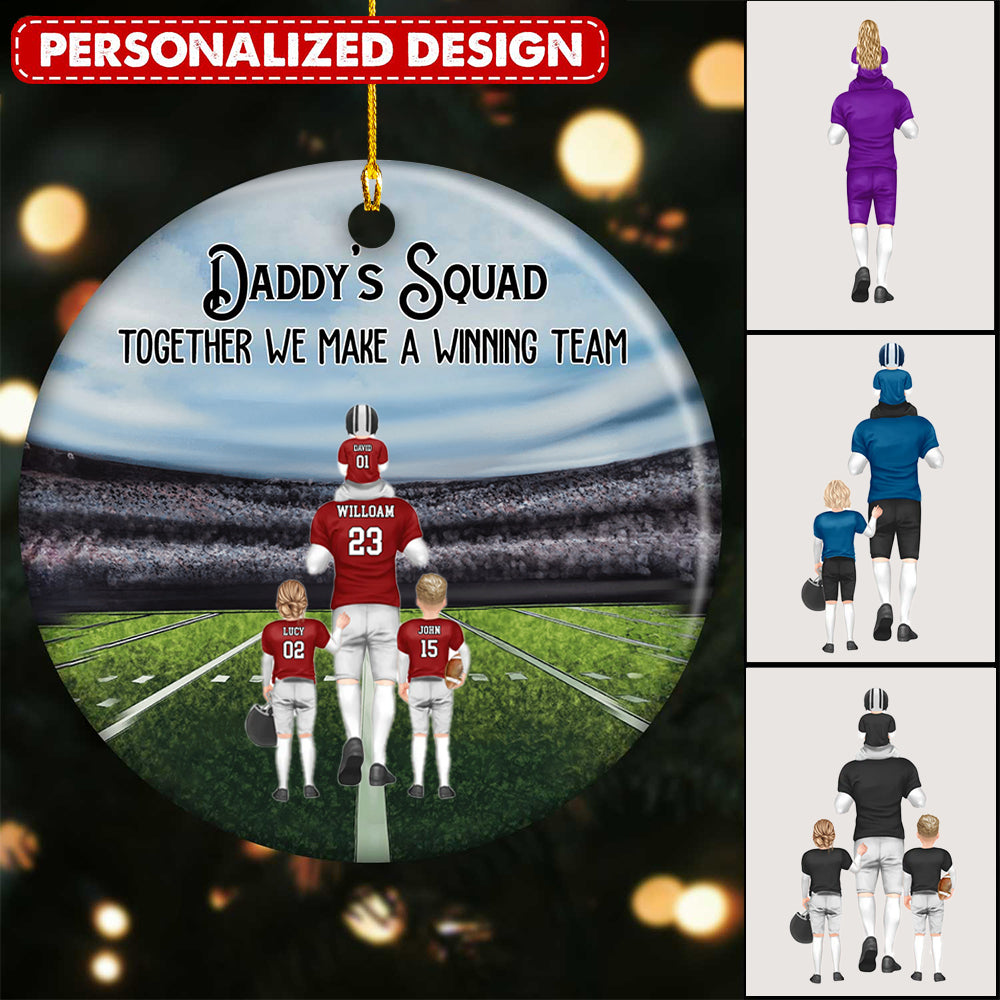 Personalized American Football Dad & Kids, Daddy's Squad Together We Make A Winning Team - Personalized Ceramic Ornament