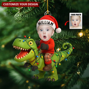 Personalized Kid Photo With Dinosaur Ornament, Funny Dinosaur Gift For Kid