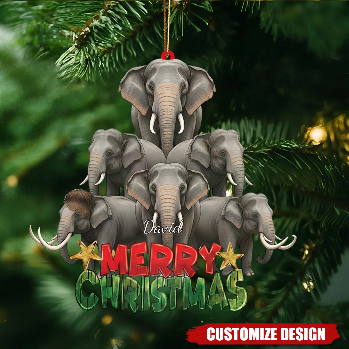 Personalized Cute Elephant Christmas Ornament, Funny Animal Tree Decoration, Wildlife Safari Xmas Decor