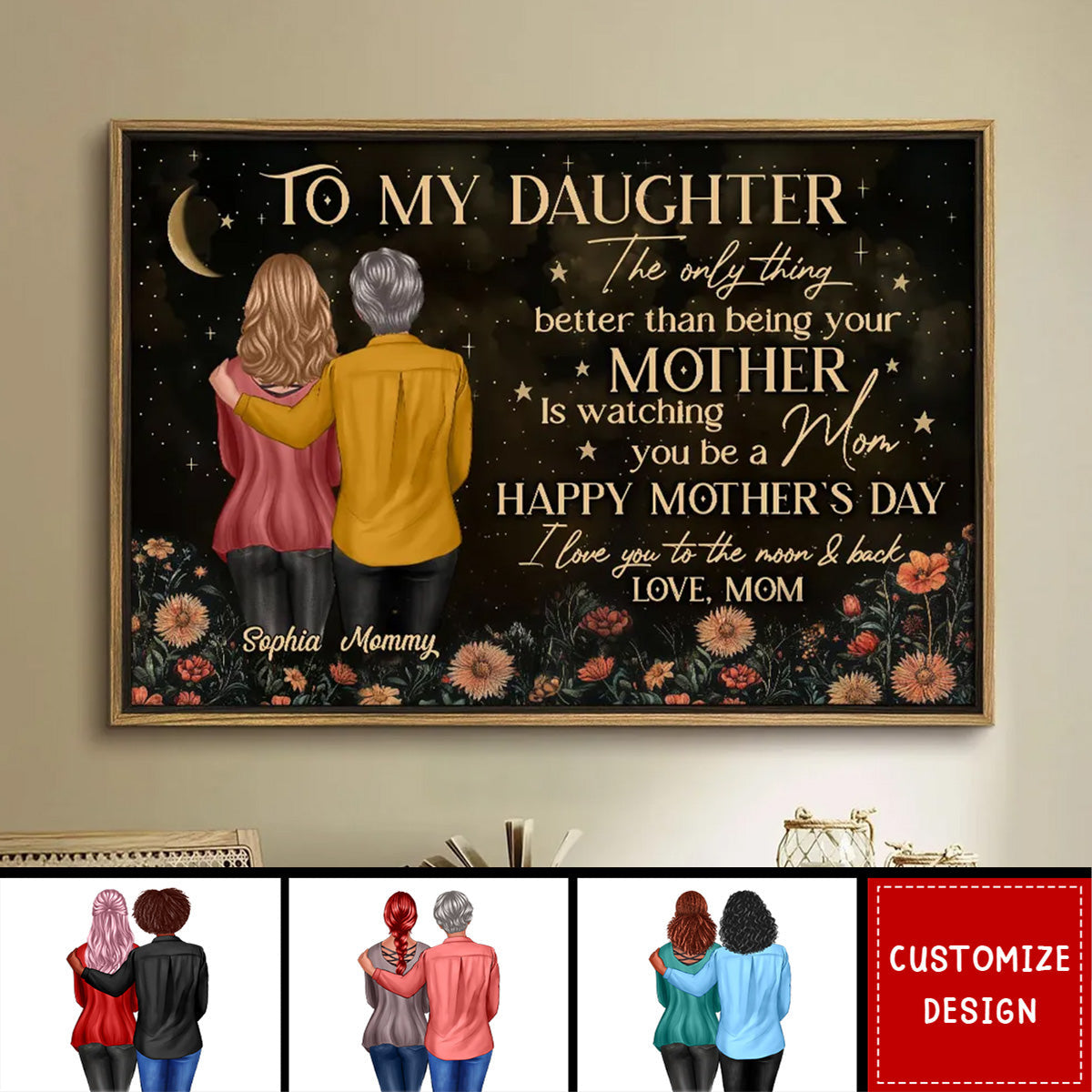 Vintage Flowers Gold Moon To My Daughter From Mom - Happy Mother's Day Personalized Poster