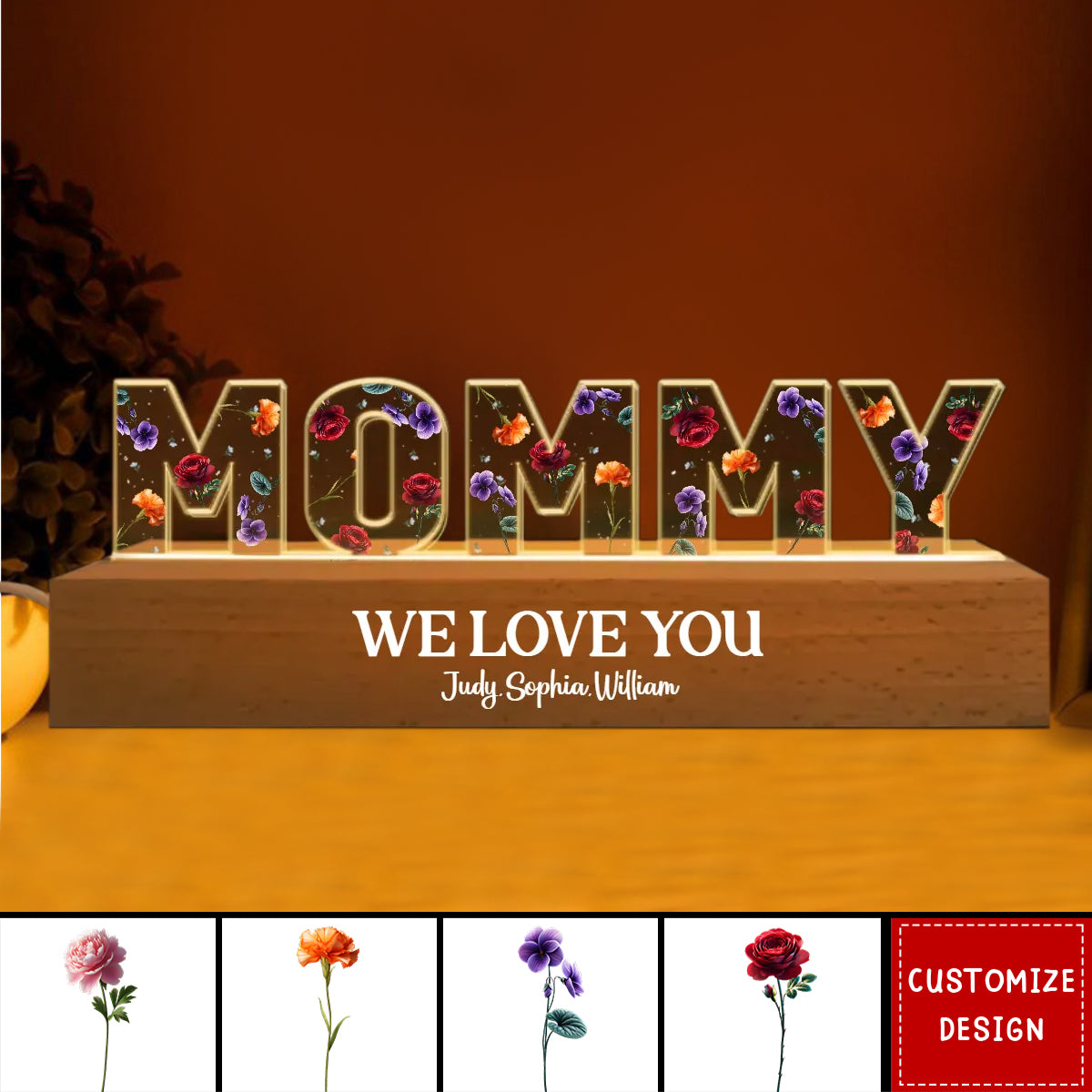 Mommy Birth Month Flowers Personalized Name LED Night Light-Gift For Mom