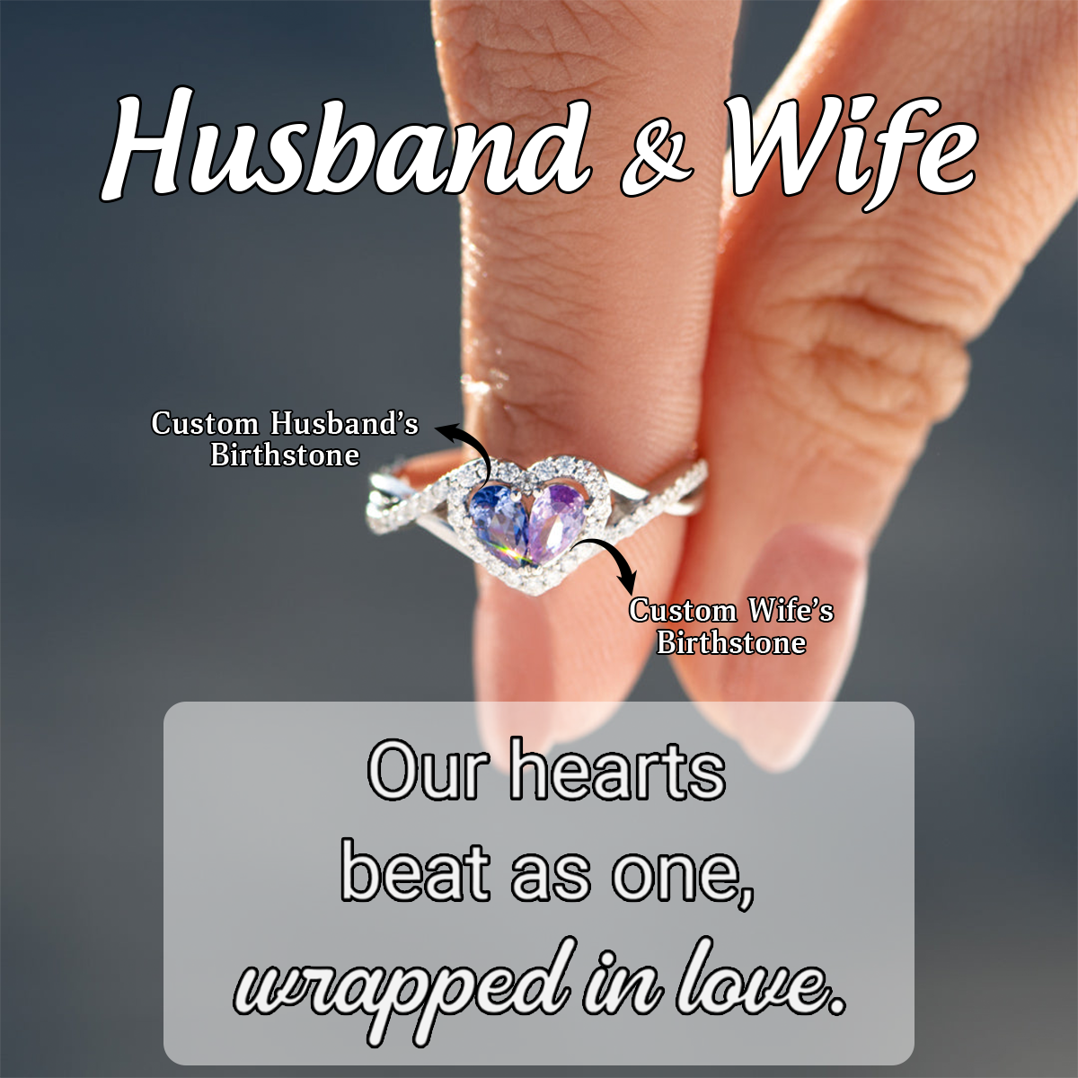 Personalized Husband And Wife Dual Teardrop Birthstone Heart Ring