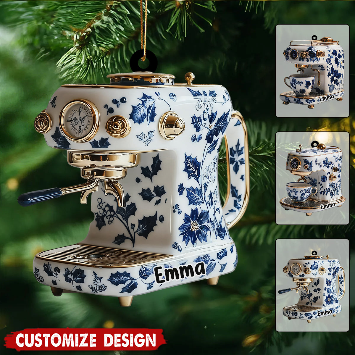 Personalized Unique Blue White Espresso Machine Christmas Ornament  - Gift For Coffee Maker And Floral Barista