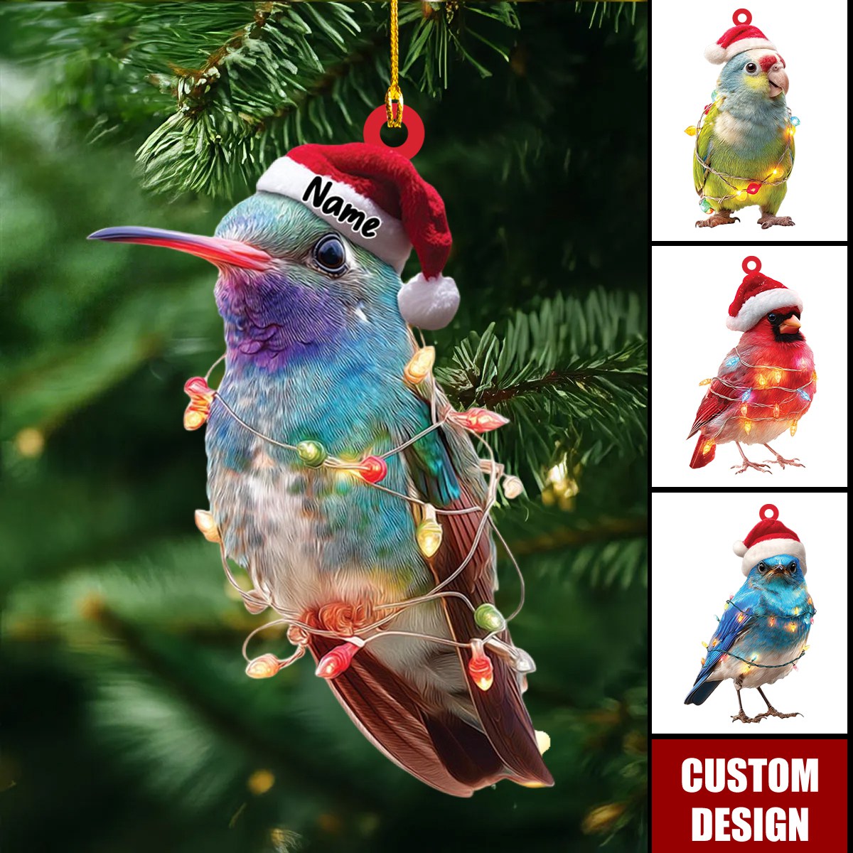 Personalized Bird Ornament Christmas Gift, Custom Name Bird Ornament with Santa Hat, Holiday Tree Decoration for Bird Lover