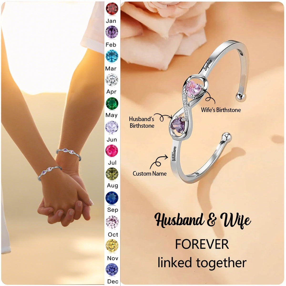 Personalized Husband & Wife Infinity Dual Birthstone Bracelet