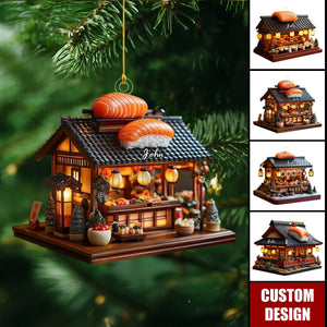Custom Japanese Sushi Shop Christmas Ornament, Miniature Holiday Market With Salmon & Bowls