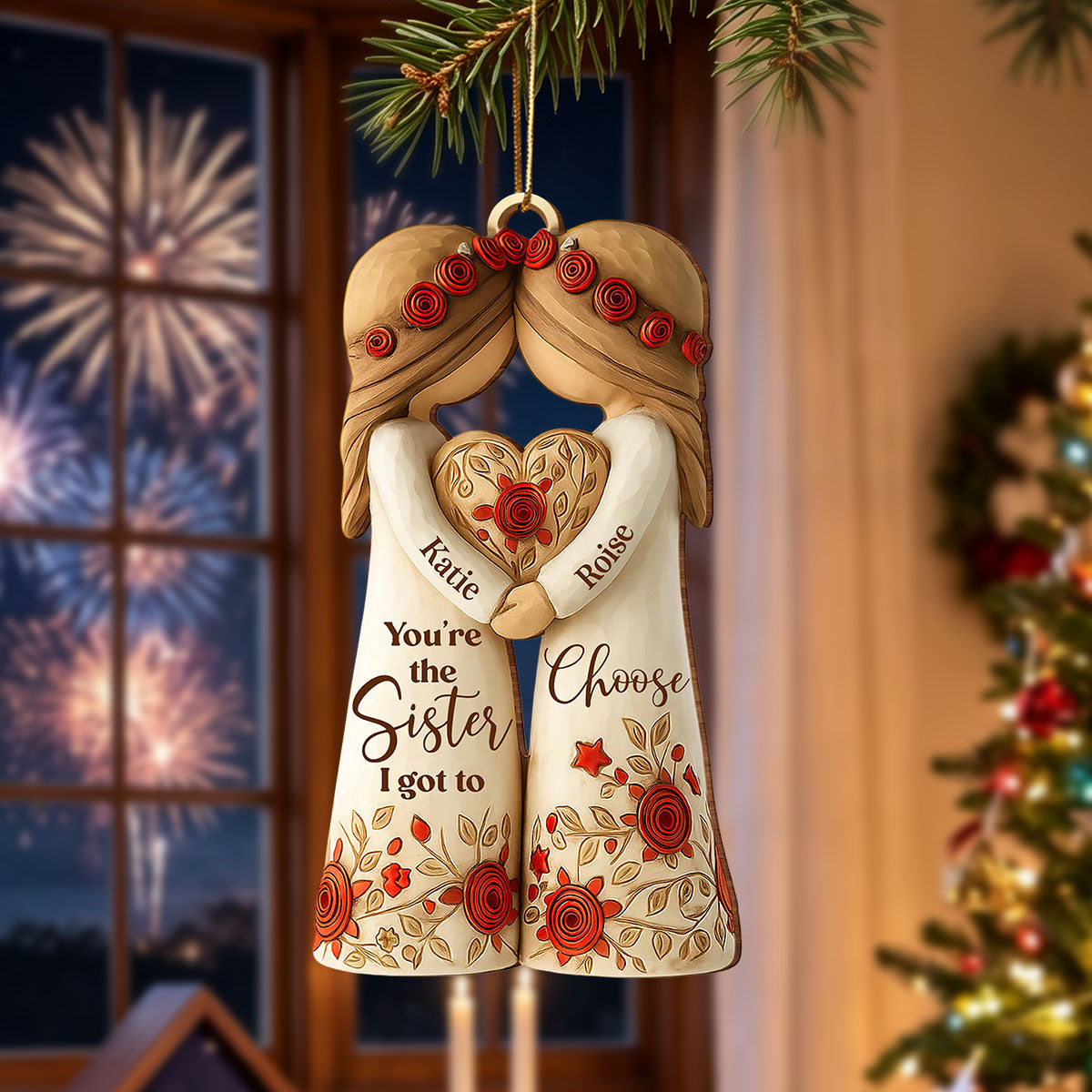 You're The Sister I Got To Choose With Roses And Hearts, Personalized Wood Ornament, Gift For Sisters And Besties