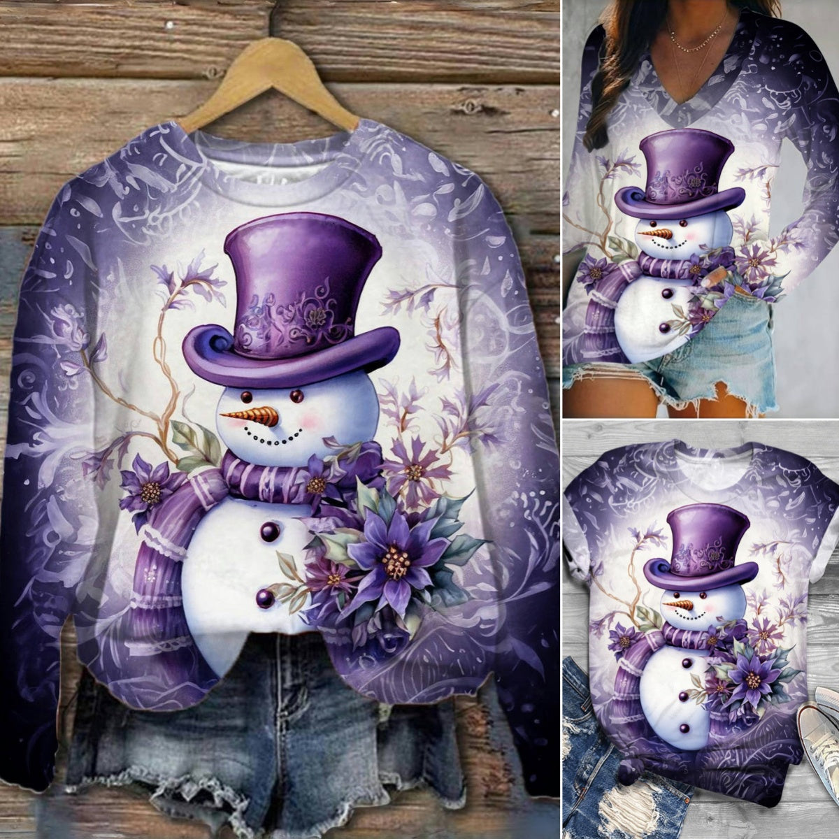 Purple Snowman Crew Neck T-shirt,V-Neck Long Sleeve Top,Long Sleeve Top