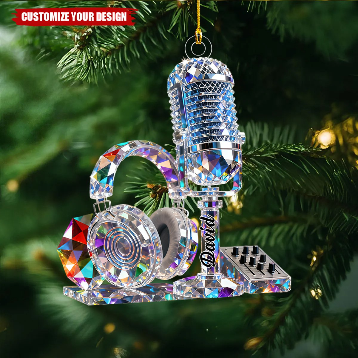Personalized Stained Glass Microphone And Headphone Themed Ornament