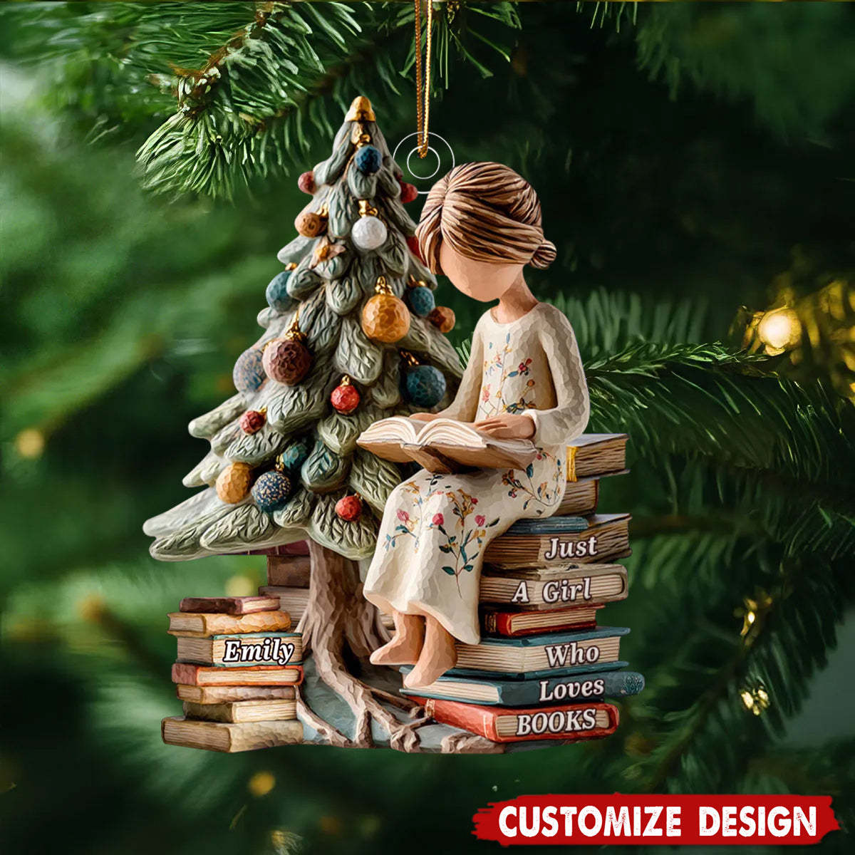 Personalized Girl Reading Book Christmas Scene Acrylic Ornament Christmas Gift For Book Lovers