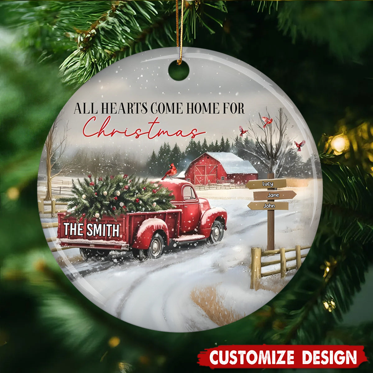Personalized Red Truck And Snow Christmas Ornament - Gift For Family