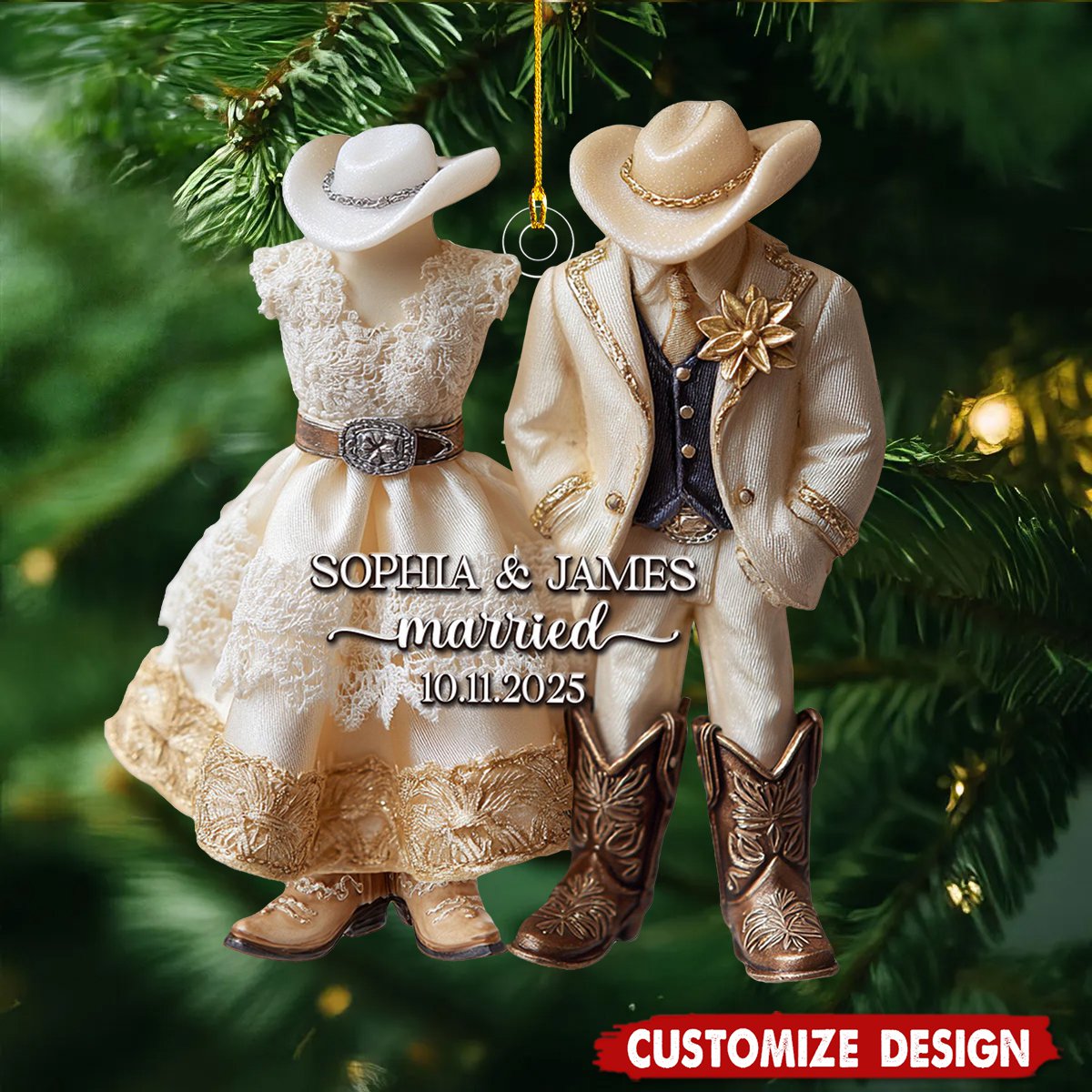 Personalized Country Wedding Ornament, Christmas Gifts For Cowboy Cowgirl Couple, Just Married Ornament, Western Wedding Gift