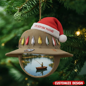 Personalized  Hat & Lake Scene Fishing Christmas Ornament - Gift for Fisherman