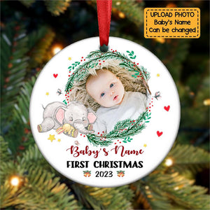 Baby - Baby Elephant First Christmas - Personalized Circle Ornament