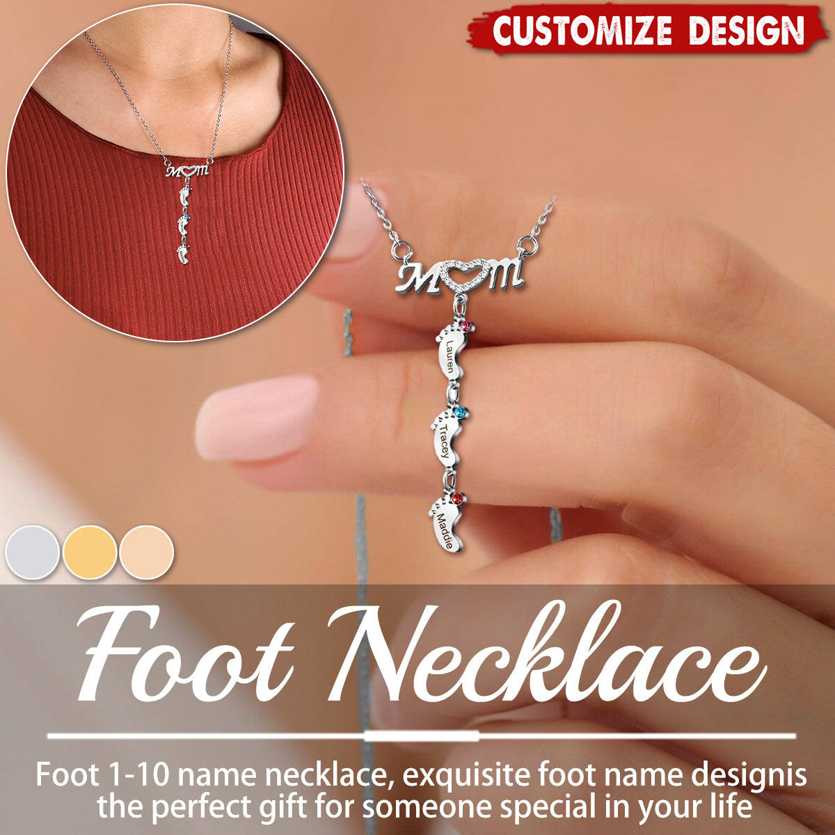 Mother's Necklace With Small Custom Name & Birthstone Baby Foot Charms