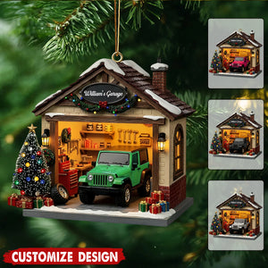 Personalized Garage Scene Christmas Ornament - Gift For Car Enthusiasts