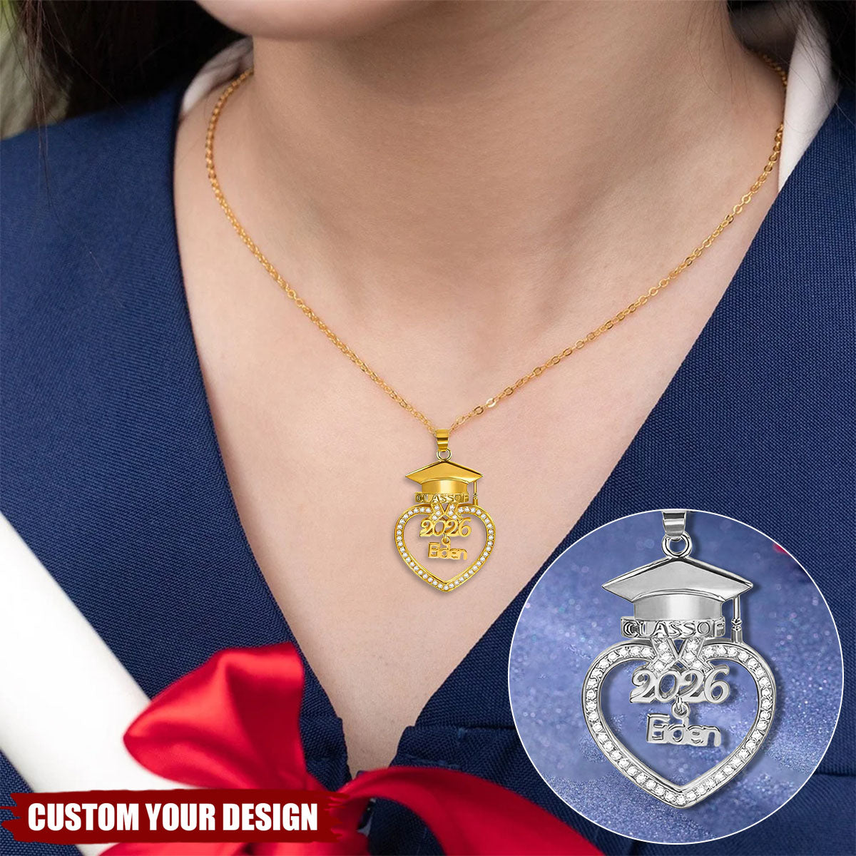 Personalized Graduation Cap Heart Necklace Bracelet with Name Class of 2026 Graduation Gift for Her