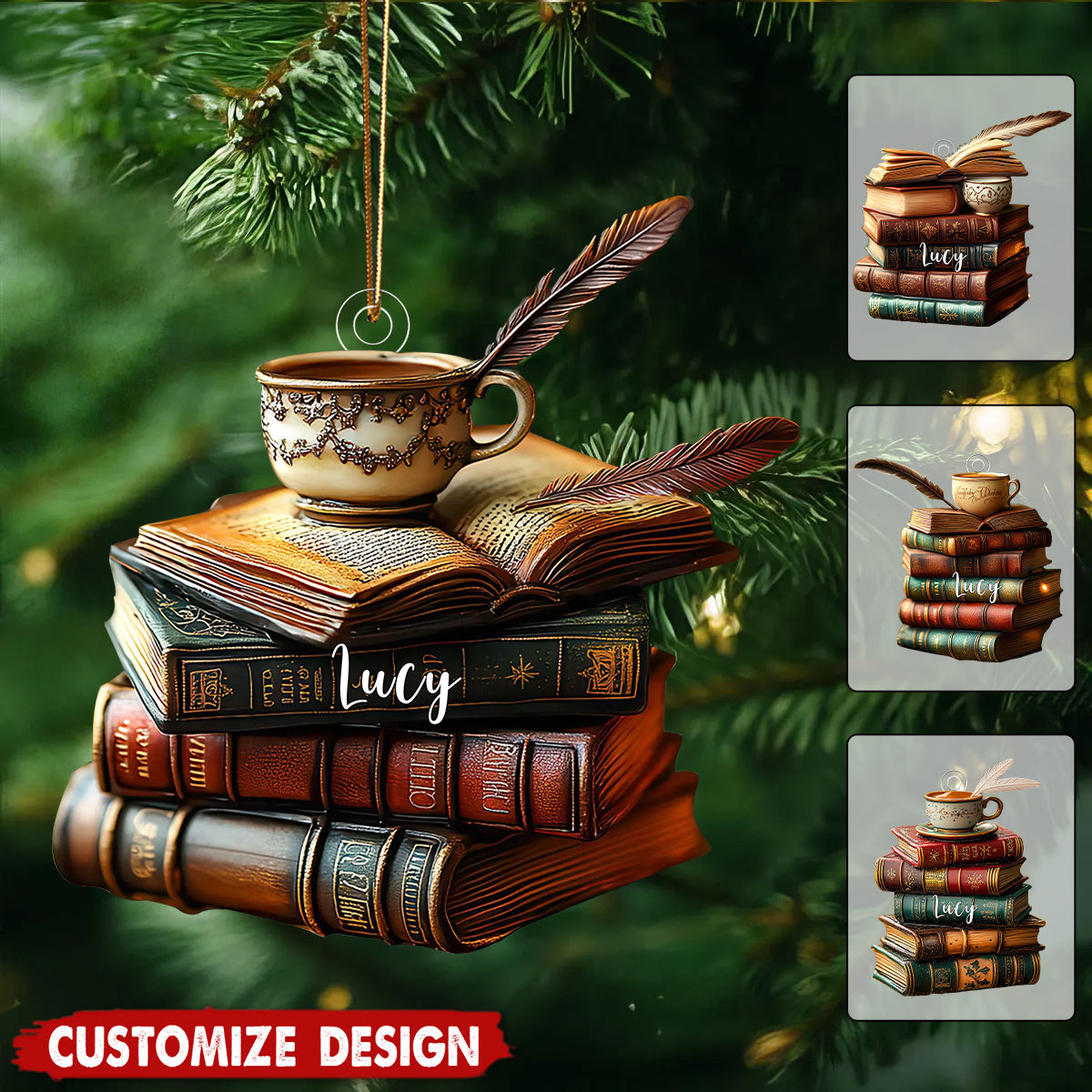 Personalized Vintage Book Stack Light Bauble Christmas Ornament - Gift For Book Lover