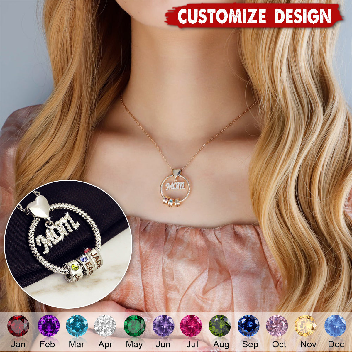 Personalized Circle Pendant With Birthstone Beads Necklace - Gift For Mom Grandma