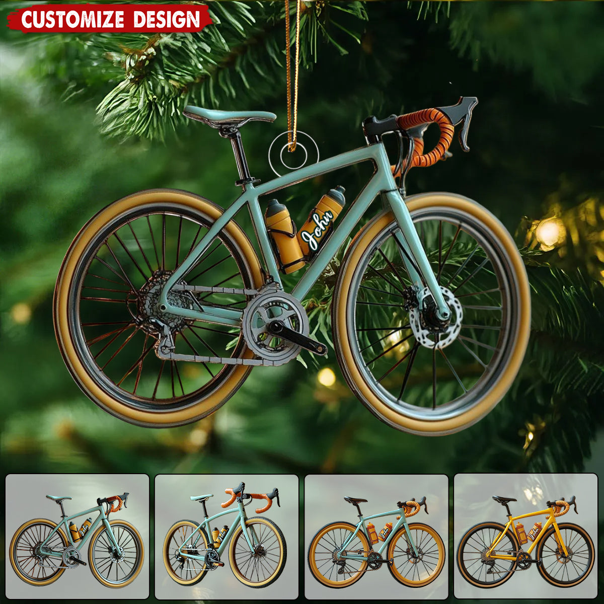 Personalized Road Bike Christmas Ornament – Cyclist Holiday Tree Decoration With Aqua Bicycle Design