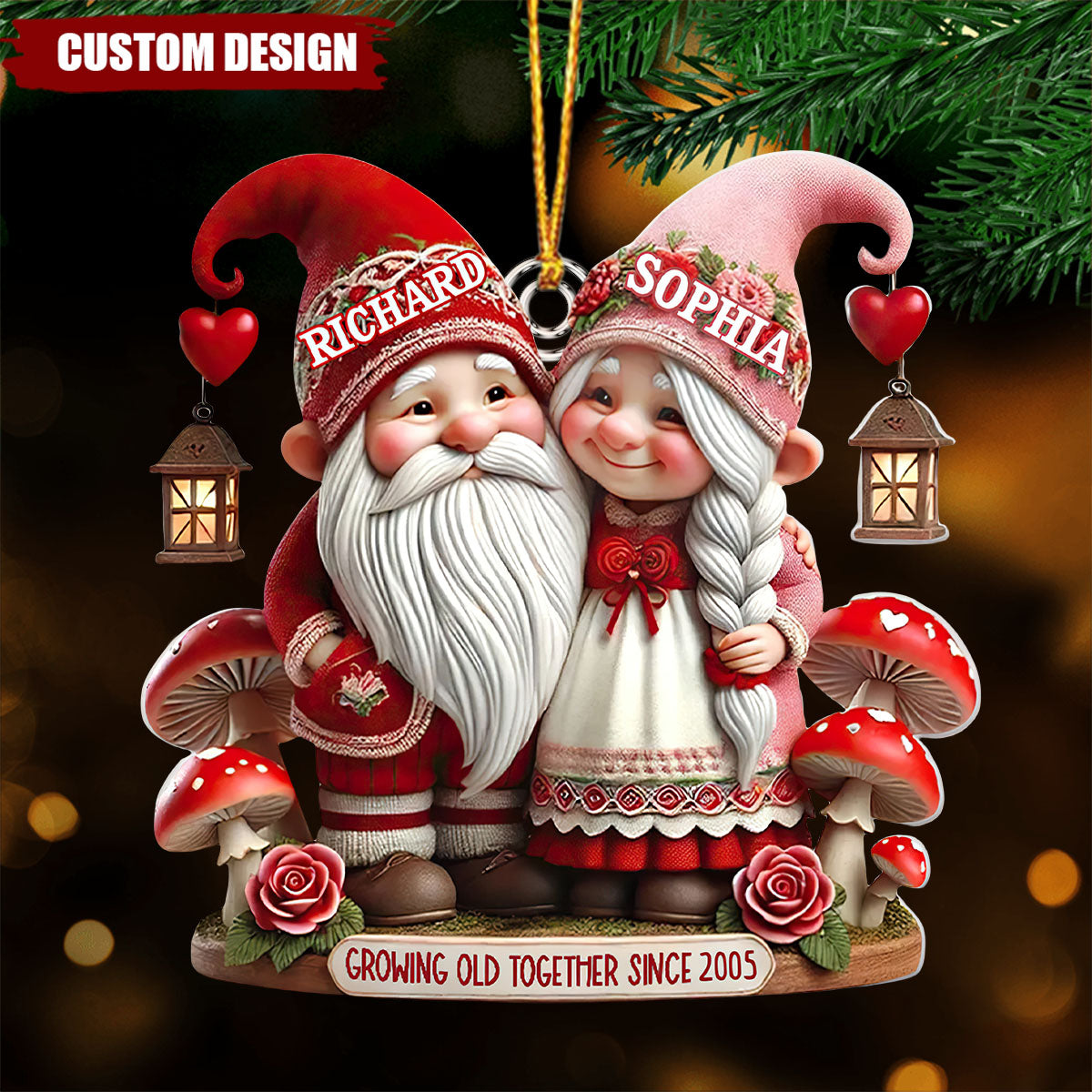3D Effect Valentine's Dwarf Couple Personalized Christmas Ornament