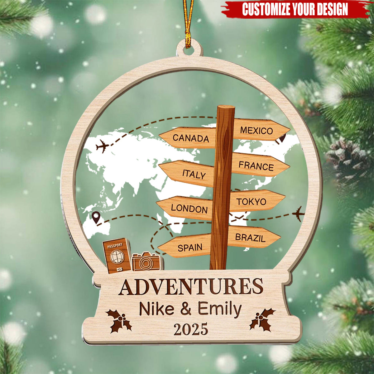 Personalized Travel Adventure Ornament, Custom Destination Christmas Ornament, Holiday Gift for Travelers, Adventure Keepsake