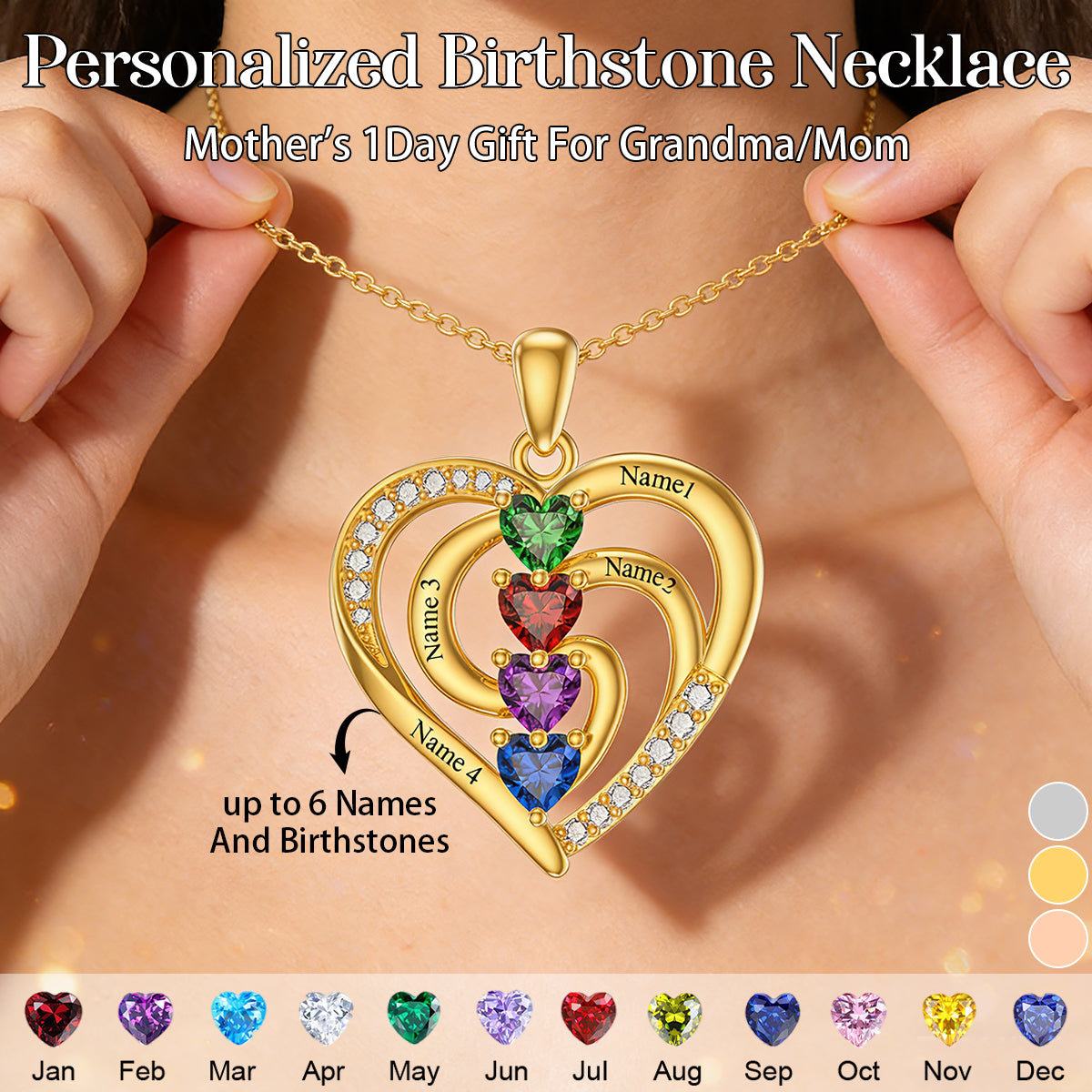 Personalized Birthstone Heart Necklaces-Mothers Day Gifts for Mom Wife Her
