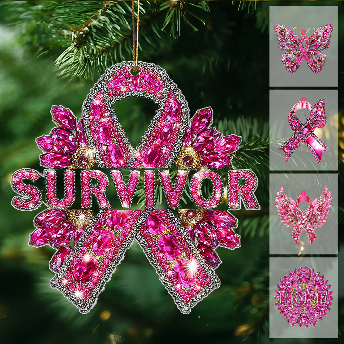 Pink Ribbon Wing Acrylic Ornament, Christmas Breast Cancer Ornament, Breast Cancer Fighter Ornament, Breast Cancer Survivor Decor