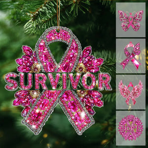 Pink Ribbon Wing Acrylic Ornament, Christmas Breast Cancer Ornament, Breast Cancer Fighter Ornament, Breast Cancer Survivor Decor