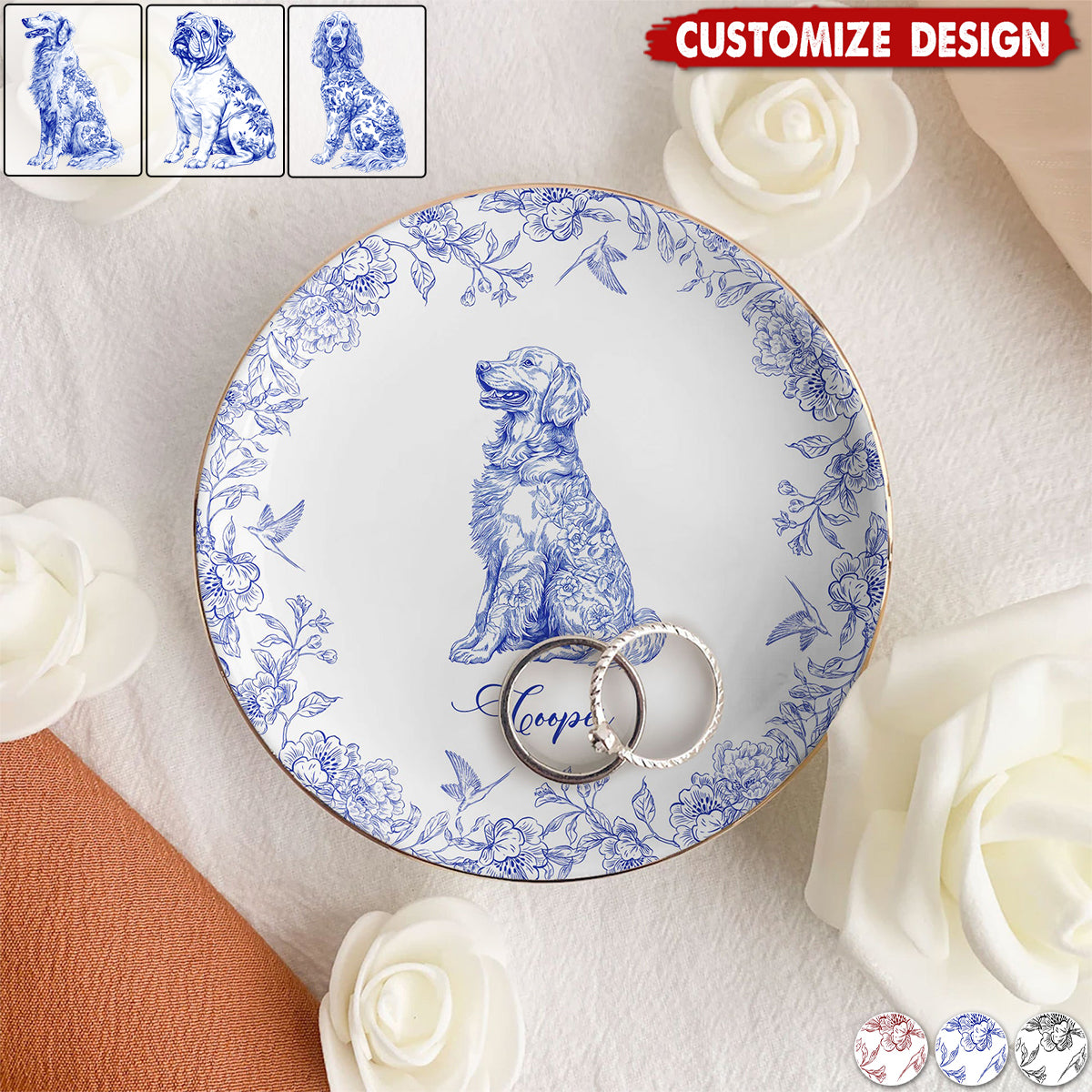 Dog Breeds Chinoiserie Toile De Jouy - Personalized Jewelry Dish - Gift For Dog Lovers