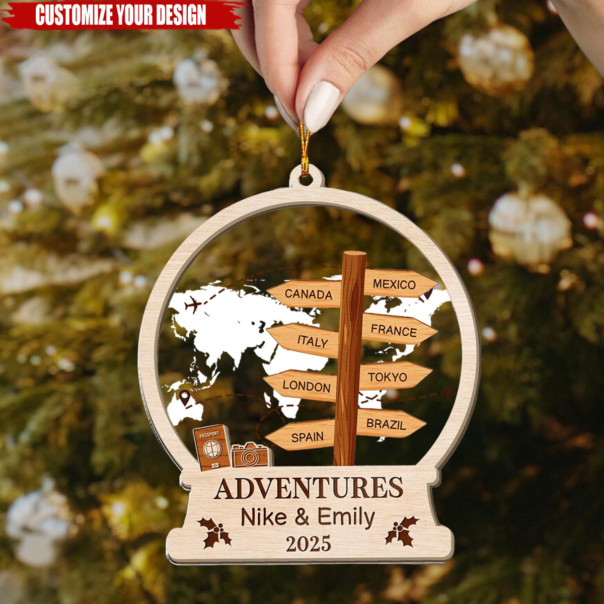 Personalized Travel Adventure Ornament, Custom Destination Christmas Ornament, Holiday Gift for Travelers, Adventure Keepsake