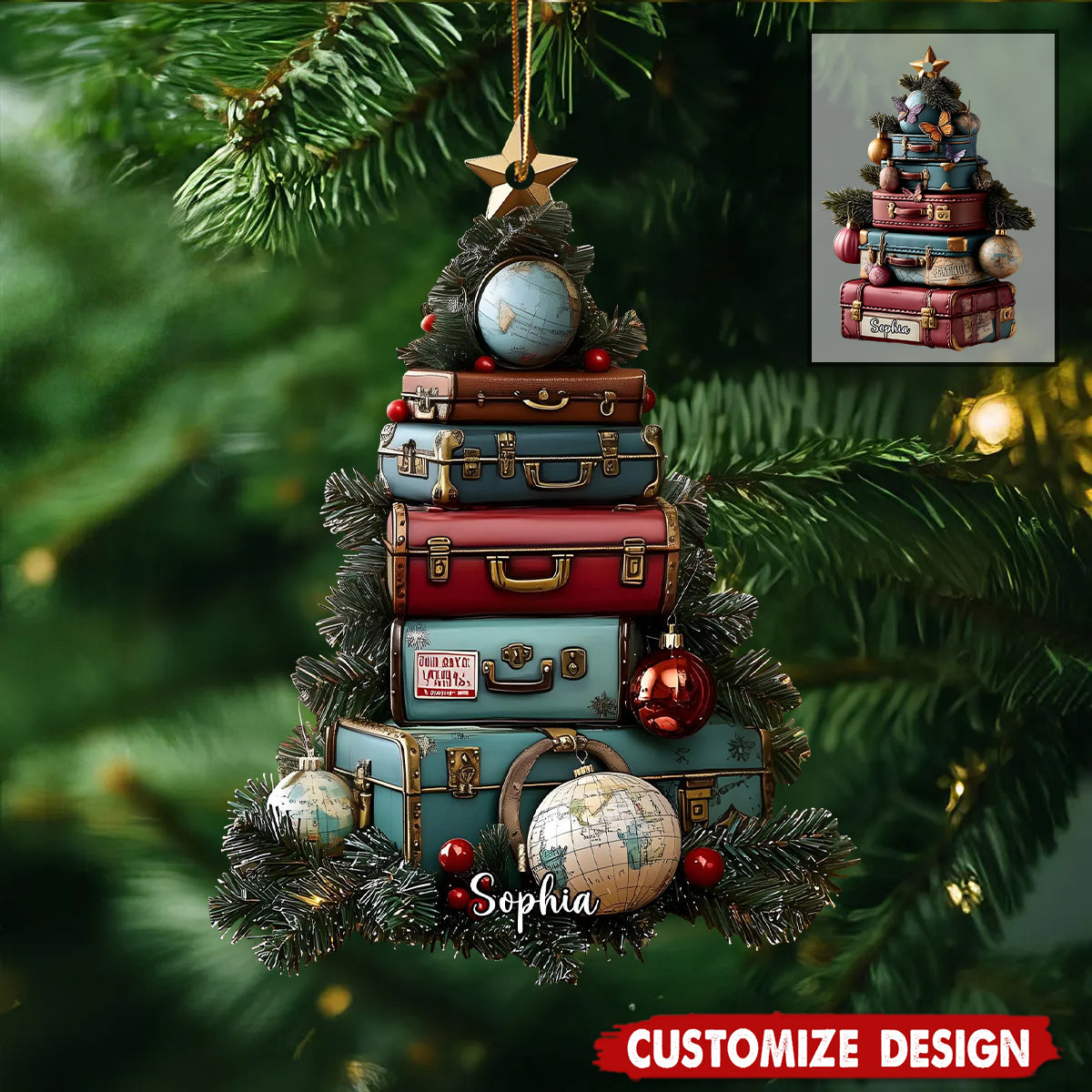 Personalized Travel Suitcase Christmas Ornament - Gift For Traveler