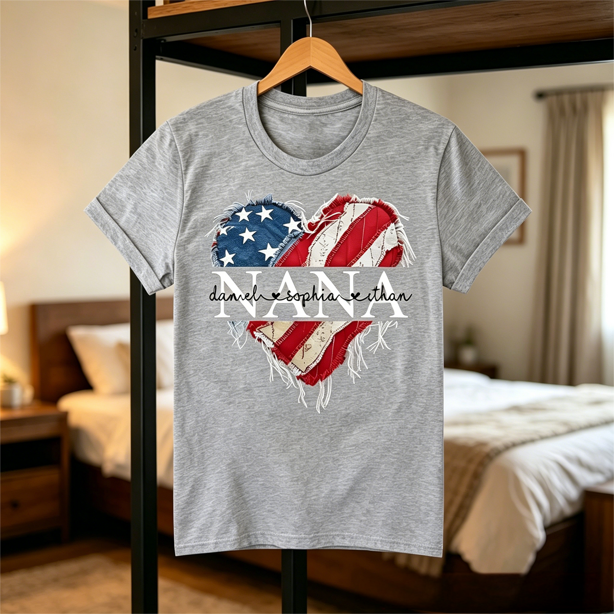 Personalized Nana/Mom T Shirt, Custom American Flag Heart Design with Family Names, Patriotic Gift for Nana/Mom