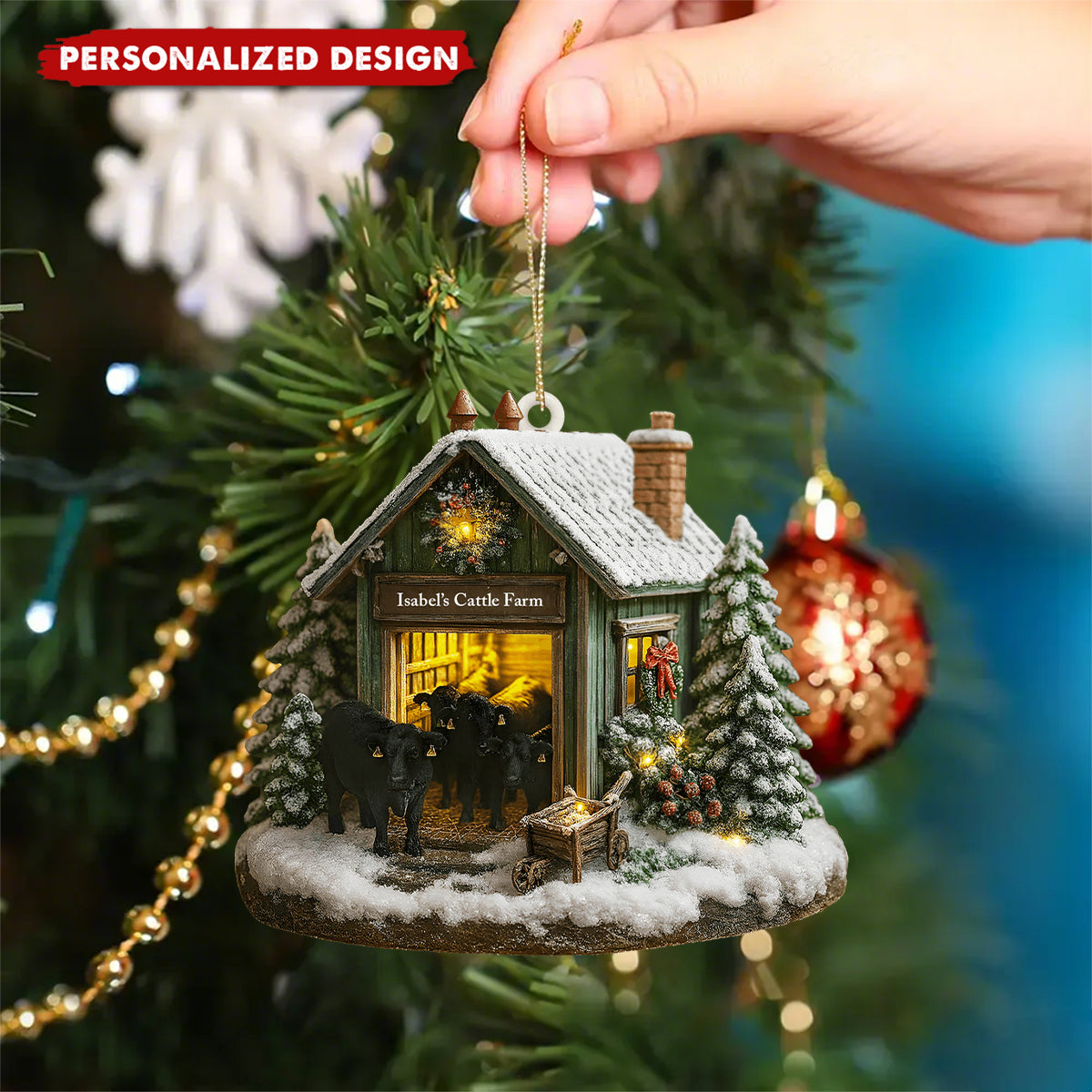 Personalized Farmhouse Christmas Barn and Cattle, Custom Wood Ornament, Gift For Farmers and Ranchers
