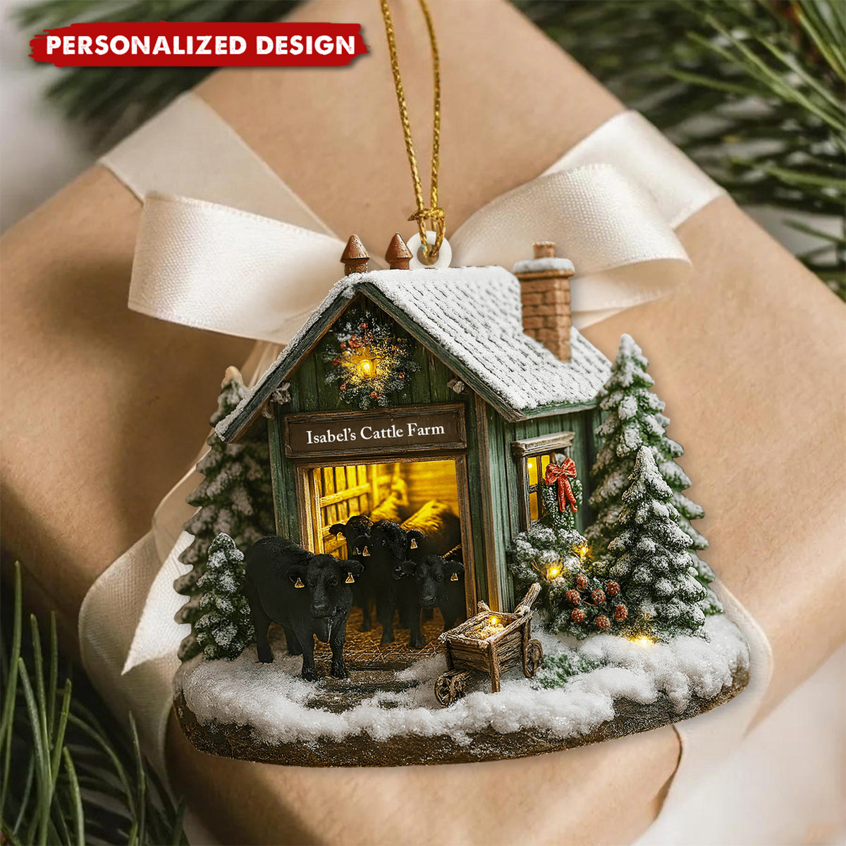 Personalized Farmhouse Christmas Barn and Cattle, Custom Wood Ornament, Gift For Farmers and Ranchers