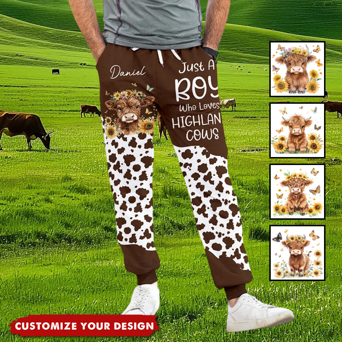 Personalized Highland Cow Soft Woman's Man's Sweatpants with Name and Drawstring Leisure Wear Birthday Gift for Highland Cow Lover