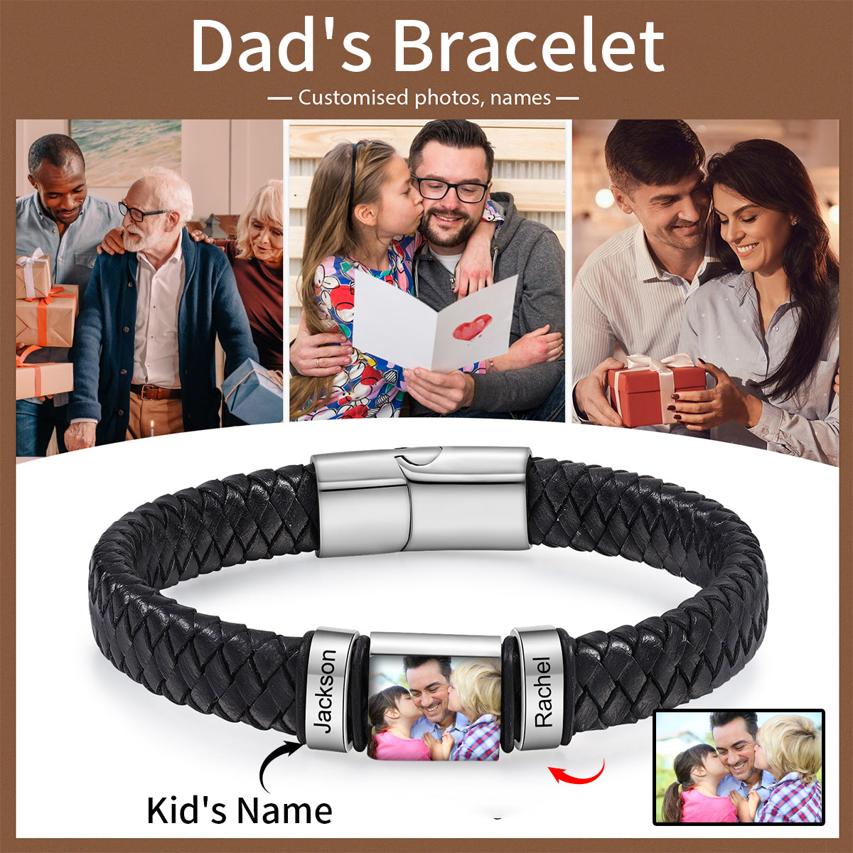 Personalised Photo Leather Bracelet Engraved Name-Men's Bracelet Gift for Dad