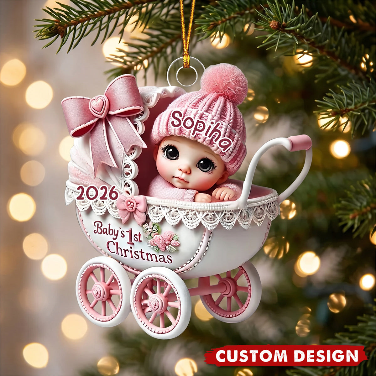 Newborn Baby In Carriage Christmas Personalized Acrylic Ornament