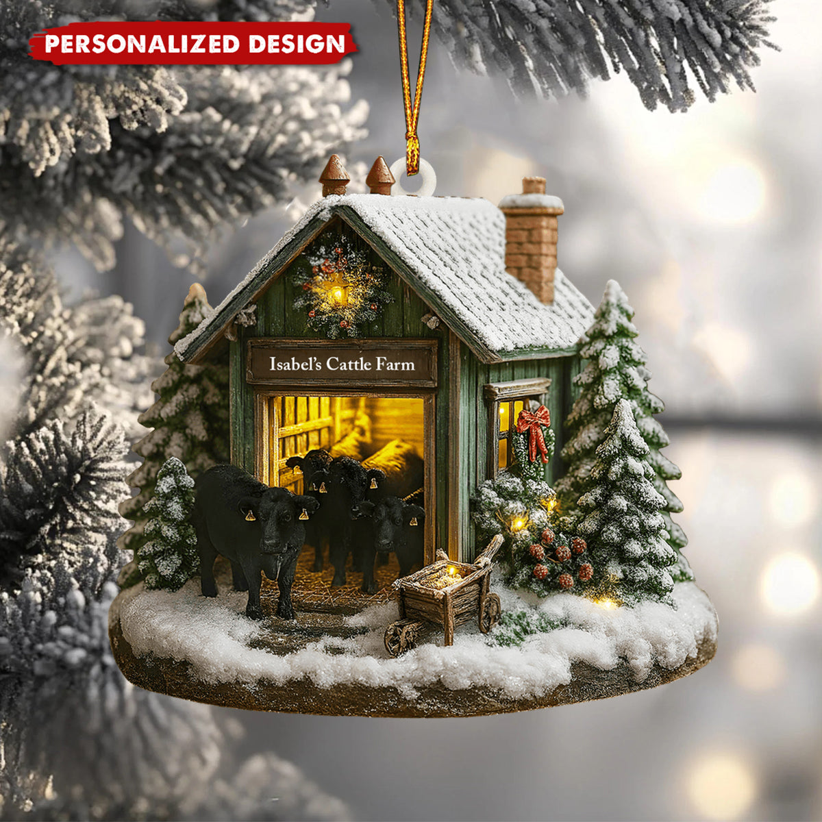 Personalized Farmhouse Christmas Barn and Cattle, Custom Wood Ornament, Gift For Farmers and Ranchers