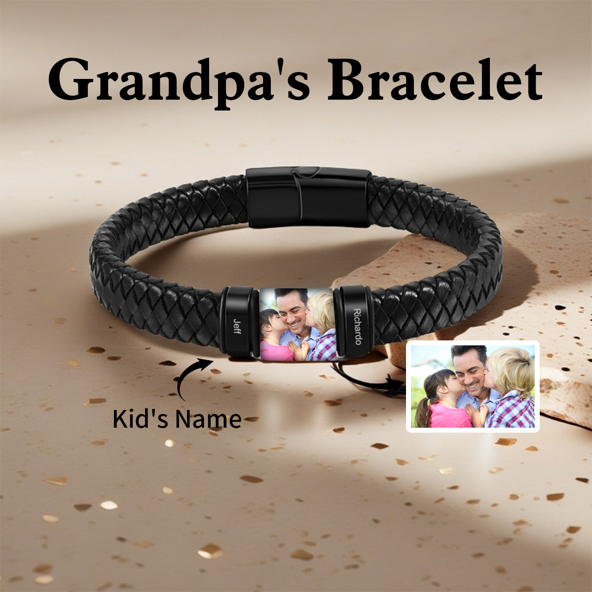 Personalised Photo Leather Bracelet Engraved Name-Men's Bracelet Gift for Dad