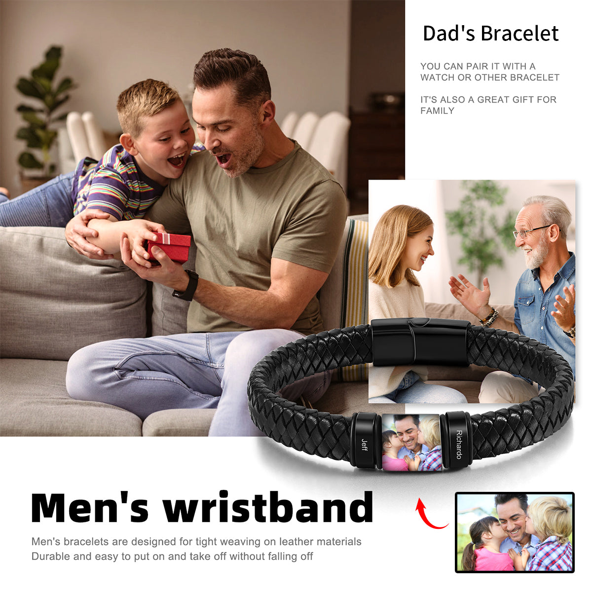 Personalised Photo Leather Bracelet Engraved Name-Men's Bracelet Gift for Dad