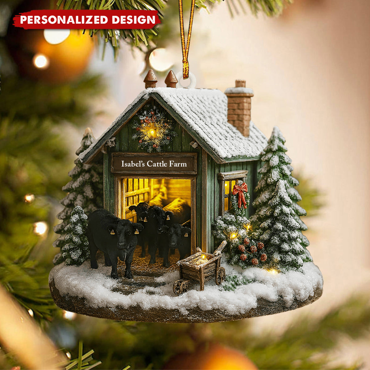Personalized Farmhouse Christmas Barn and Cattle, Custom Wood Ornament, Gift For Farmers and Ranchers