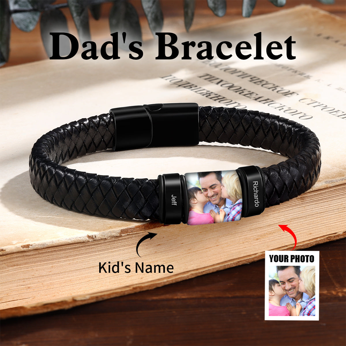 Personalised Photo Leather Bracelet Engraved Name-Men's Bracelet Gift for Dad