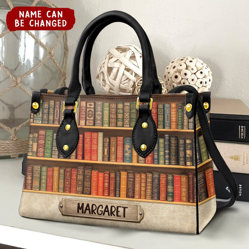 Personalized Book Lover Leather Bag, Book Seamless Pattern, Gift For Book Lovers