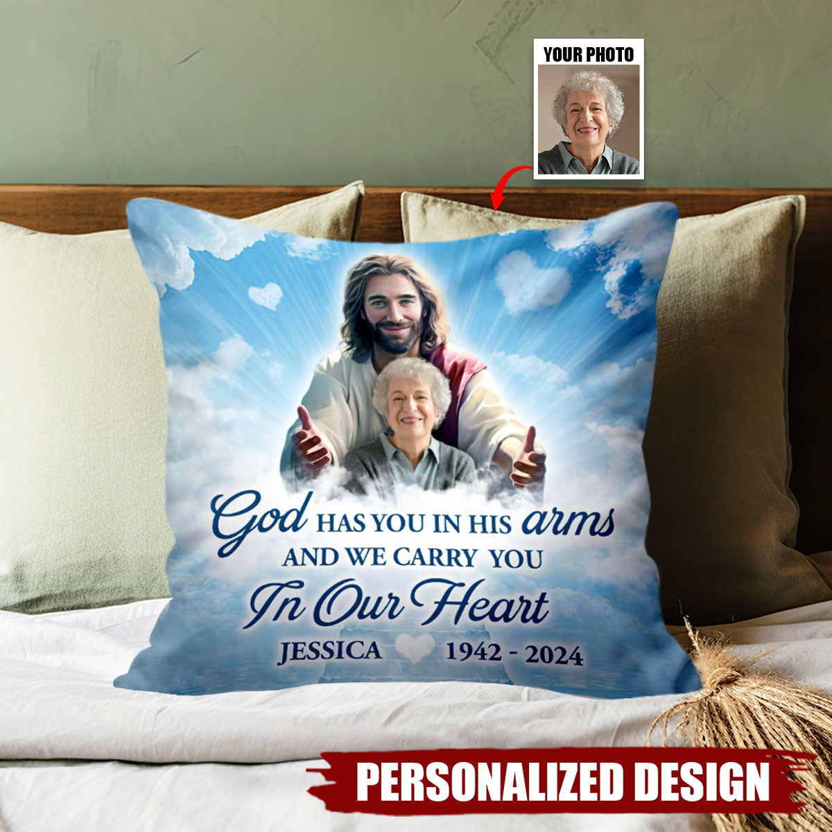 God Has You In His Arm-Personalized Memorial Pillow-Gift For Friends Family