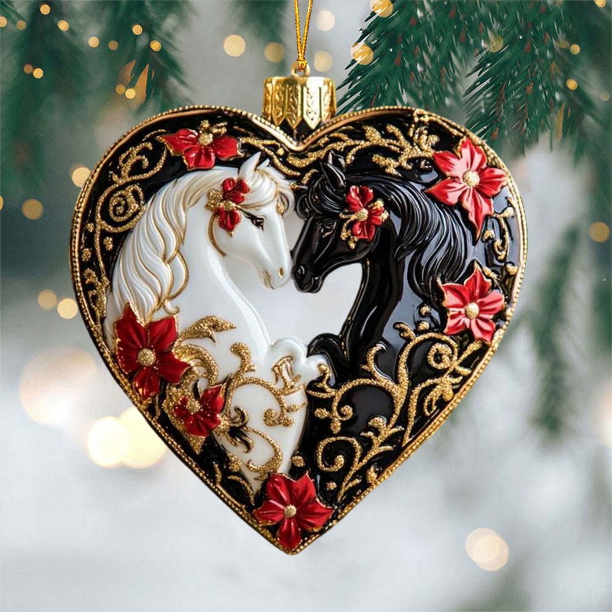 Black and White Horse Heart Cristmas Ornament - Gift for Horse Lovers