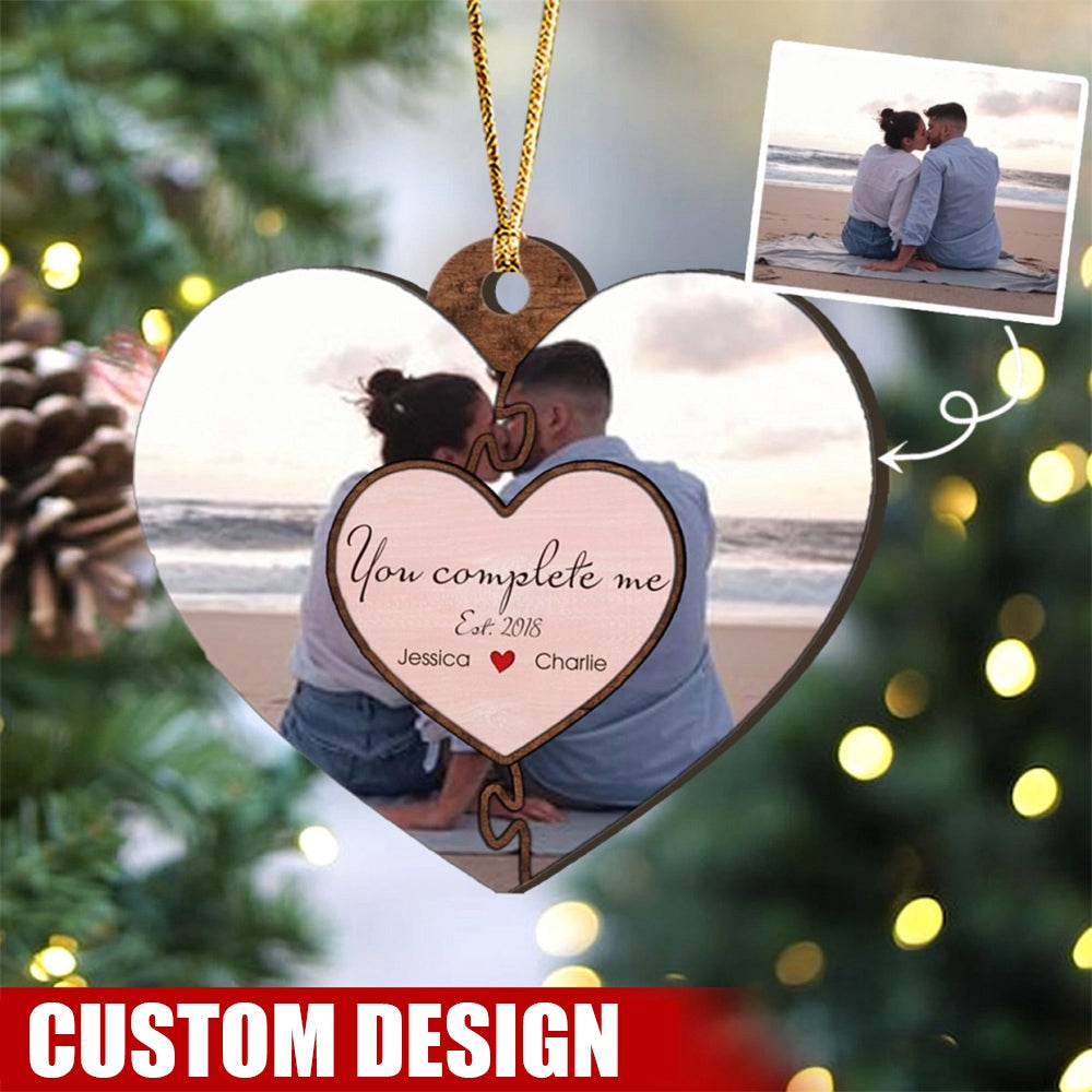 Personalized Photo You Complete Me Couple Heart Wooden Ornament