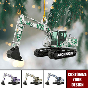 Personalized Excavator Toile De Jouy Christmas Ornament, Construction Truck Holiday Home Decor