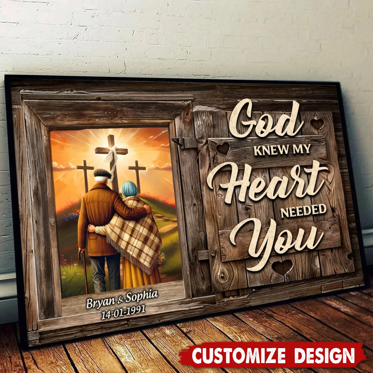 Cross God Knew My Heart Needed You Old Couple Walking Hugging Personalized Poster-Gift For Couples Anniversary