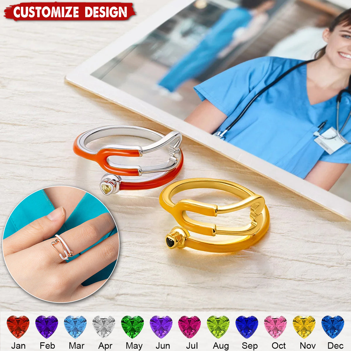 Personalized Heart Birthstone Ring Nurses Week - Appreciation Gift for Medical Staff